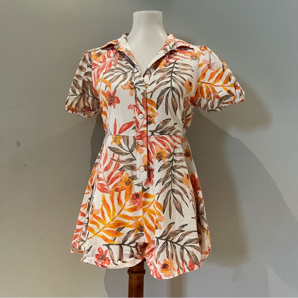 Derek Heart Ivory Floral Button-Front Short Sleeve Romper